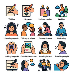 Healing activity icon collection. simple compose icons: writing, drawing, meditation, wellness