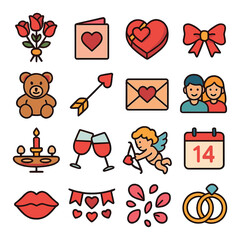 Valentine's day icon collection. love-themed simple icons: heart, rose, cupid, bow,