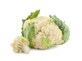 One fresh cauliflower head and floret isolated on white
