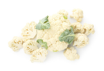 Fresh cauliflower head and pieces of florets isolated on white, top view