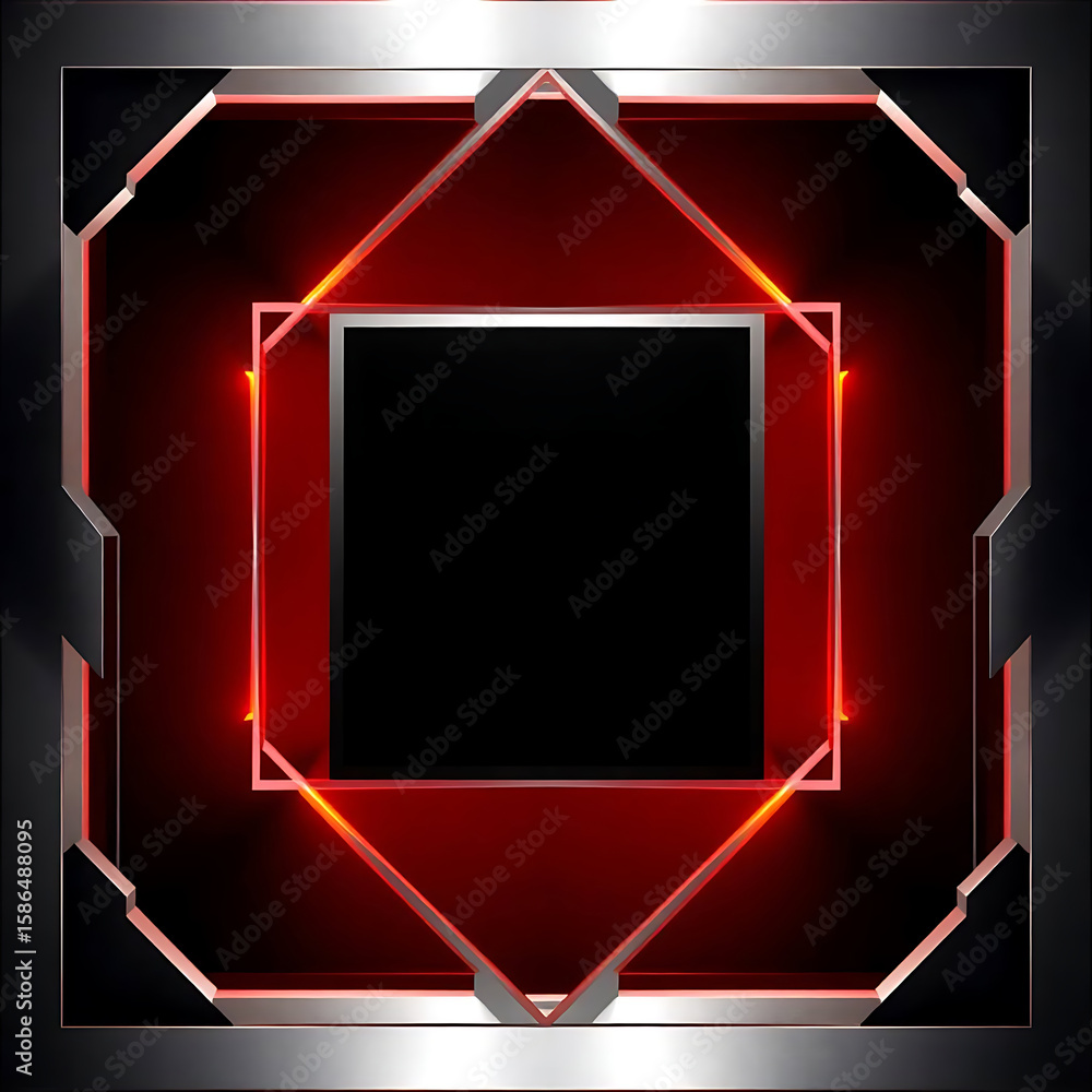 Poster a futuristic abstract design with neon red lines framing a black square on a dark background