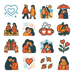 Seasonal love icon collection. romantic linear icons. couple, heart, kiss, gift, mug, flower