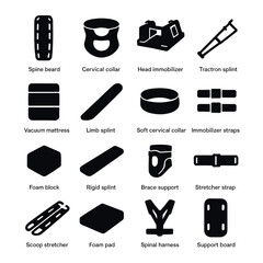 Emergency equipment icon collection. simple silhouette icons: spine board, cervical collar, splint, immobilizer, harness, support board