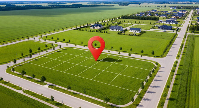 Empty Residential Land Plot with Location Pin &ndash; Real Estate Investment and Property Development Concept in Rural Area