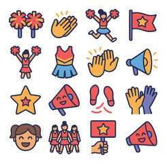 Cheerleading icon collection. energetic cheer, megaphone, pom poms, spirit, star