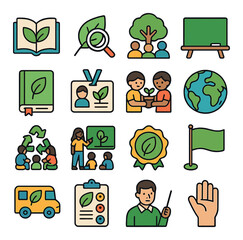 Eco education icon collection. simple learning symbols: leaf, book, globe, flag, teacher, tree, chalkboard,