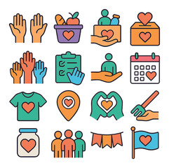 Volunteer icon collection: simple donation, charity, hand, heart, group, gift, calendar, flat