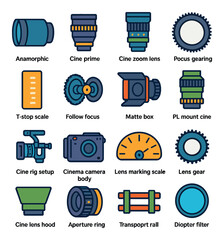 Cinematic lens icon collection. film equipment flat icons for movie production. camera, gear, focus, compose