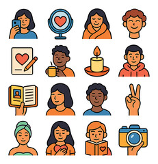 Self love icon collection. wellness and mindfulness flat icons. heart, candle, meditation, book, peace, camera