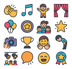 Kids talent show icon collection: simple flat design. clapping, music, trophy, family