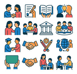 Education icon collection. classroom silhouette icons: book, pencil, globe, handshake, graduation, discussion, ideas, group, learning, school, university