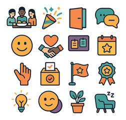 Workplace culture icon collection. simple, flat style. team, chat, handshake, calendar, idea, smile