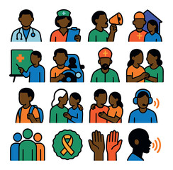 Health hero icon collection. healthcare and wellness flat icons: doctor, nurse, family, community, support, awareness, icon set