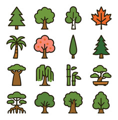 Colorful tree icon collection: nature symbols in simple style - oak, pine, palm, more