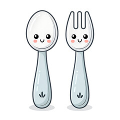 Fototapeta premium Baby spoon and fork with cute eyes — minimal isolated icon 