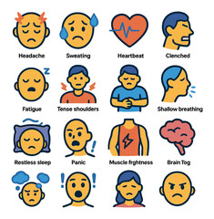 Stress symptoms icon collection. simple stress, headache, heartbeat, panic, muscle, brain, clenched, fatigue,