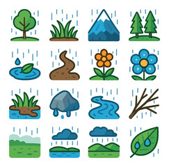 Rainy nature icon collection. simple weather icons: rain, cloud, tree, river, leaf, mountain