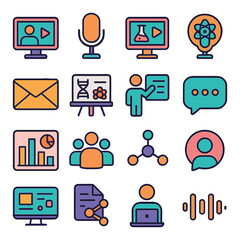 Science communication icon collection. simple, flat icons for lab, lecture, dna, data, network
