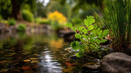 Fototapeta premium A small green plant grows on the edge of a clear, rocky stream surrounded by lush vegetation in a serene, natural setting.