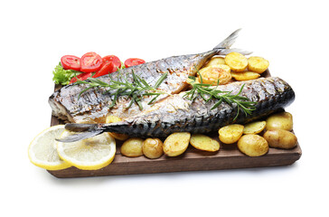 Tasty roasted mackerels with spices and vegetables isolated on white. Homemade seafood dish