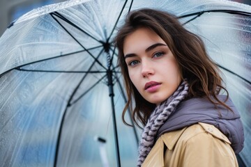 Young woman holding transparent umbrella in the rain