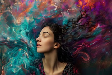 Model enjoying a moment of peace surrounded by vibrant and swirling colors, creating a dreamy atmosphere