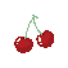 Obraz premium Pixel Art Double Cherry Cute 8-Bit Fruit Illustration for Summer, Game or Kawaii Design