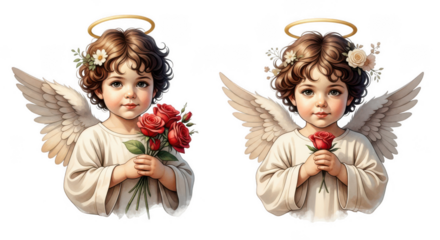 Two adorable cherubic angels with golden halos and delicate white wings holding red roses isolated on transparent background