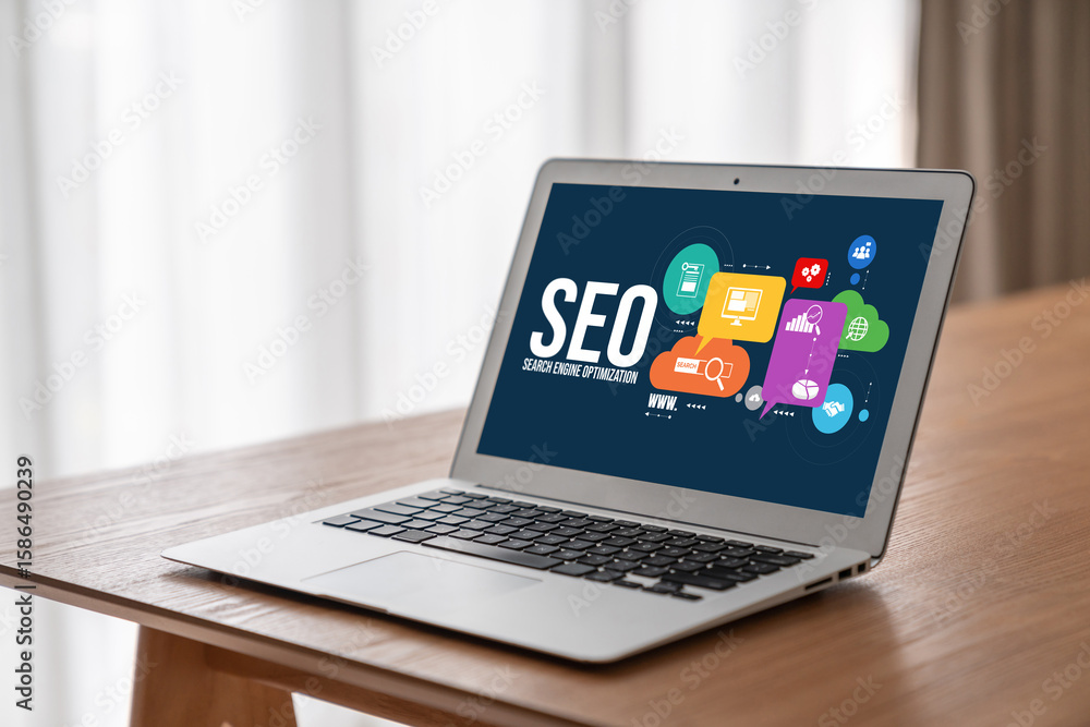 Aufkleber seo search engine optimization for modish e-commerce and online retail business showing on computer 