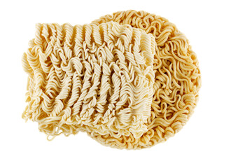 Dry raw instant noodles isolated on white background. Close-Up. Top view.