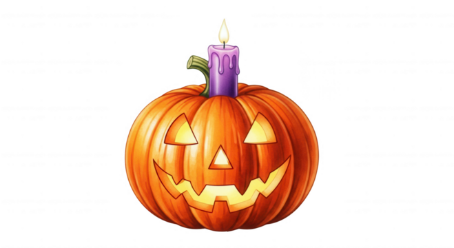 A carved halloween pumpkin with a glowing face and a purple candle burning on top isolated on transparent background - Powered by Adobe