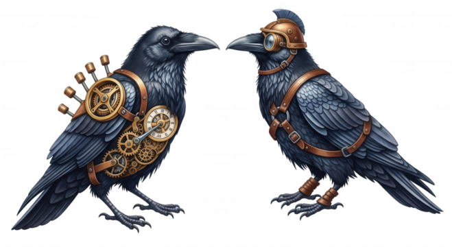 Two detailed steampunk ravens with intricate clockwork gears and leather straps isolated on transparent background
