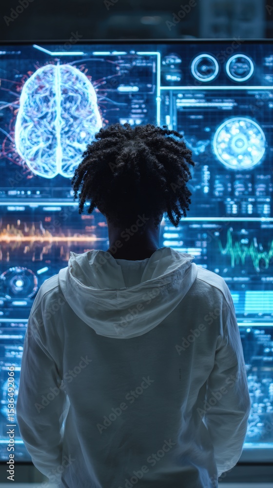 Aufkleber a person studies a futuristic digital display of brain scans and data, symbolizing advanced neurosci