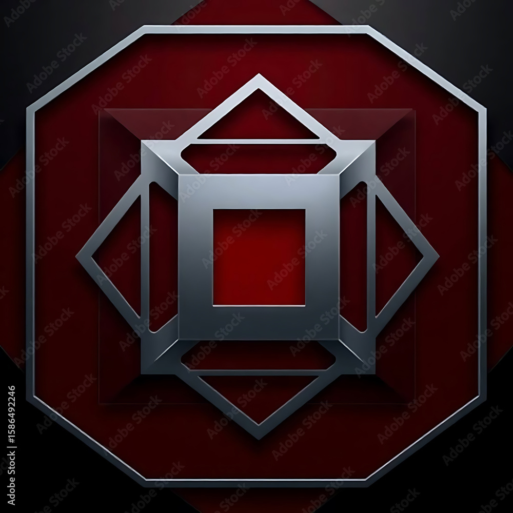 Poster a captivating geometric design features layered octagons and squares in red and silver tones