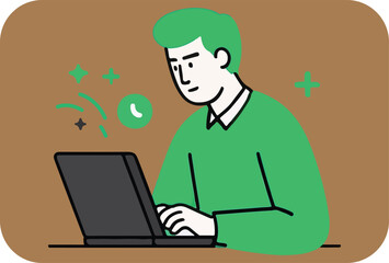 A stylized illustration of a person with green hair wearing a green sweater working on a laptop with a clock icon and sparkling stars in the background on a brown backdrop