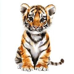 Obraz premium Watercolor Painting of a Tiger Cub Sitting with an Adorable Expression on White Background