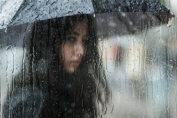 Sad young woman holding umbrella looking through rainy window during a rainy autumn day