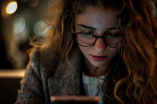 Focused businesswoman using mobile phone in a dimly lit cafe, working late or connecting with clients