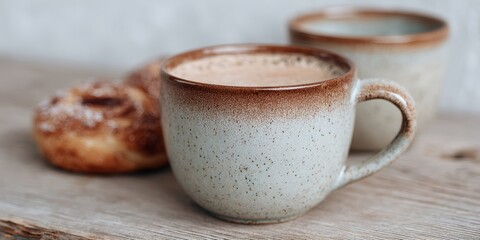 Mug of coffee sits on a wooden table next to a pastry
