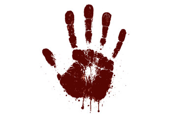 Scary bloody handprint isolated. Red blood splatter, smudge, and fingerprint vector illustration. Horror design element for Halloween, crime scene, murder mystery, or terror concept.