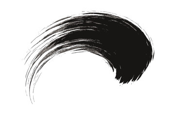 Obraz premium Black grunge brush stroke. Abstract curved ink smear with texture. Artistic paint swipe design element. Vector illustration of a distressed splash stain isolated on transparent background.