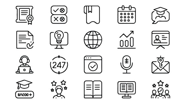 Black and white line art icons for education and business