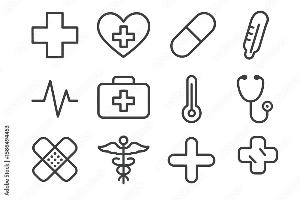 Poster medical and healthcare line icon set. collection of simple outline symbols for web and app design. m