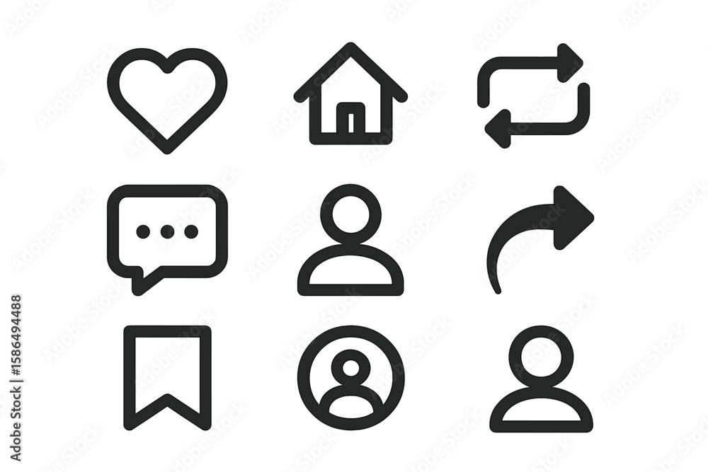Poster social media icon set. user interface simple glyph collection for web and mobile app design. vector 