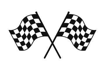 Crossed checkered racing flags icon. Waving checker flag for victory and competition. Finish line symbol for motorsport and auto race. Simple black and white vector design.