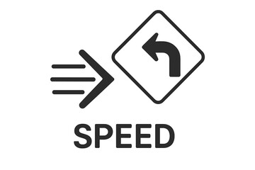 Speed acceleration concept with road turn sign. Fast motion arrow icon. Driving safety warning. Directional change. Cornering symbol. Traffic navigation route vector graphic.