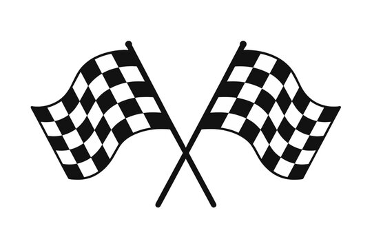 Crossed checkered racing flags icon. Waving checker flag for victory and competition. Finish line symbol for motorsport and auto race. Simple black and white vector design.