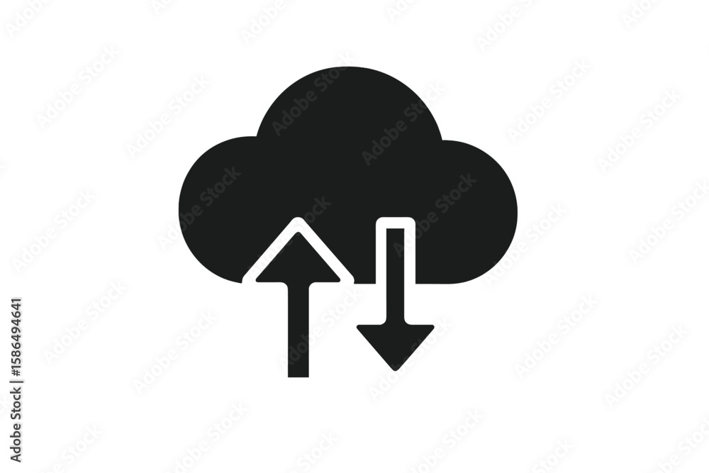 Poster cloud data storage icon—upload and download arrows, cloud synchronization symbol, vector art on tran