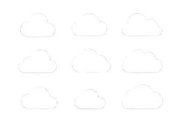 Minimalist White Cloud Icon Collection – Vector Outline Symbol Set, Blank Cloud Clipart, Simple Cute Design, Transparent Background, Digital Weather Graphical Elements