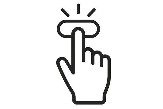 Hand clicking button icon. Finger pressing a button concept. Pointer cursor tap action for website or mobile app interface. UI UX design element. Start, submit, select interaction.